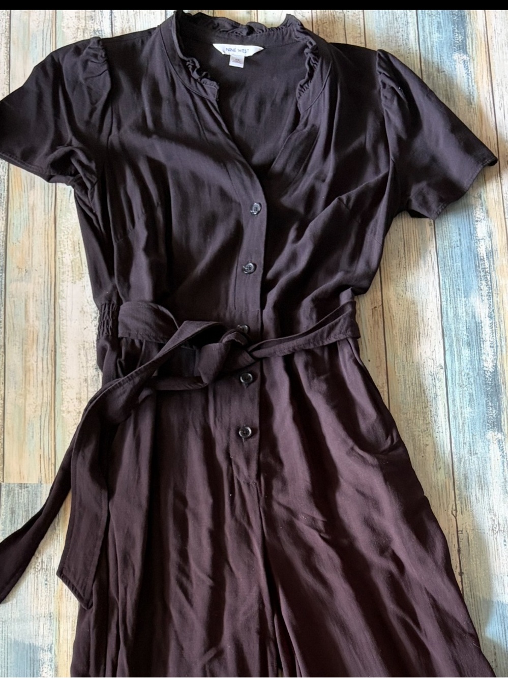 Nine West Women's Button Up Black   Cropped Jumpsuit with Waist Tie - Picture 2 of 6